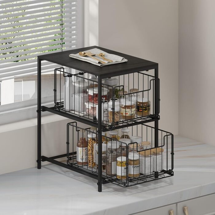 Meltrck Spice Rack and Kitchen Organizer, 2-Tier Pull-Out Kitchen Organizer, Metal and Wood Composite for Kitchen, Countertop, Pantry, and Dining Room (Black)