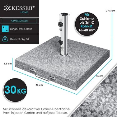 KESSER® Granit Parasol Stand with Stainless Steel Tube, High-Quality Umbrella Stand Square Base 30KG - for Umbrella Poles up to 16-48 mm, Incl. Carrying Handle Garden Balcony Parasol Stand, Grey