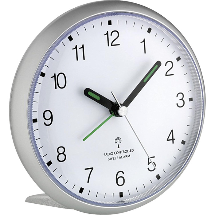 TFA Dostmann Analog Radio Clock, 60.1506, quiet sweep movement, loud alarm, easy-to-read digits, with radio clock function, bedroom clock, office/home office, with snooze function, illuminated, tall, silver