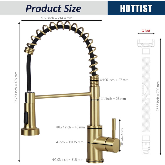 Чорний кухонний змішувач з висувною лійкою, високий поворотний вилив, 2 режими розпилення, шланговий, нержавіюча сталь, матове золото