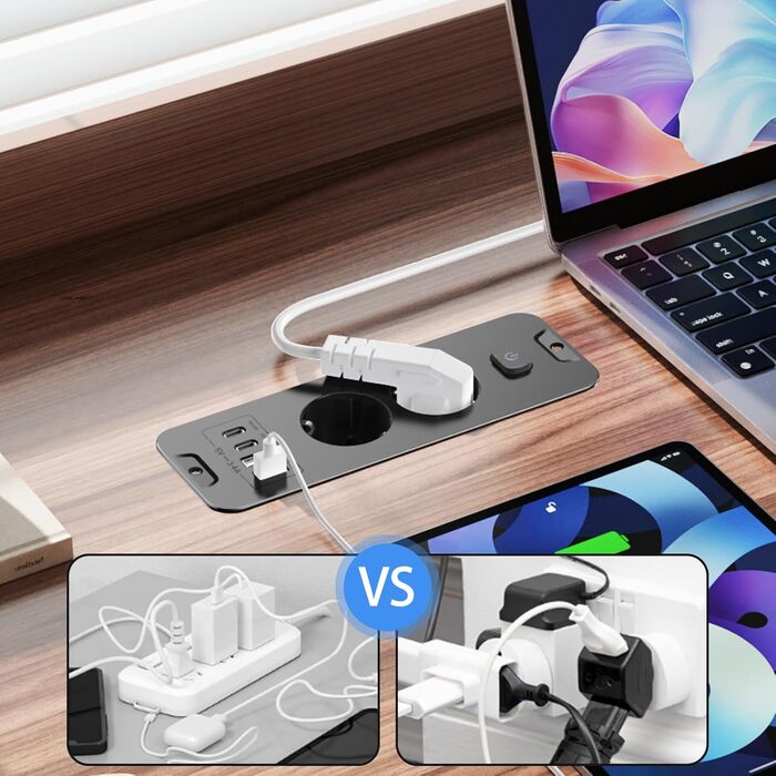 Мережевий адаптер 5-портовий з індивідуальним вимикачем, з 2 USB-A та 2 USB-C, розподільчий блок живлення 5-портовий з вимикачем, мережева стрічка з кріпленням на стіну та 2м кабелем, PD 20W - (2 розетки, 4 USB, чорний)