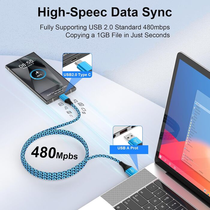 Кабель USB Type-C, 3 шт. [3м+2м+1м] для Samsung, Huawei, Xiaomi. Швидка зарядка, передача даних, нейлон.