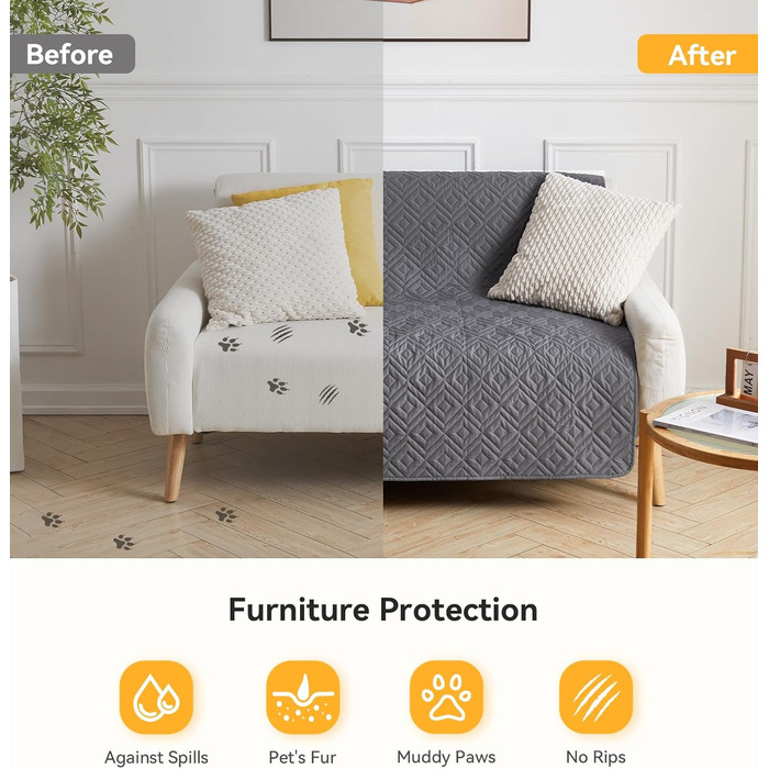 Водонепроникний килимок для собак, антиковзкий та пральний, ковдра для домашніх тварин для собак та котів, захисна ковдра для дивану від шерсті та подряпин, ідеально підходить для дивану, ліжка, автокрісла (Сірий, 97×190 см)