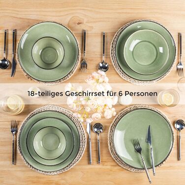 Набір посуду GBhome з реактивної глазурі для 6 осіб (18 предметів), ручної роботи, керамічний, мікрохвильова та посудомийна машина, зелений колір