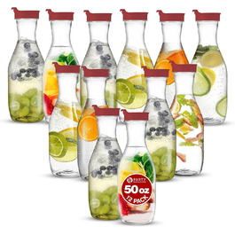 Party Bargains Plastic Carafe with Lid, Transparent, 12 Pieces, Red Flip-Top Lid, Premium Quality and Robust Plastic Pitcher for Iced Tea, Powdered Drink Mix, Cold Brew, Mimosas
