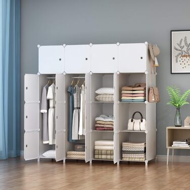 HOMIDEC Wardrobe, Portable Shelving System, 20 Cube Closet Made of Plastic with 2 Clothes Rails, Bedroom Wardrobe Closet White for Bedroom, 180 x 142 x 45cm (16 cube, All White)
