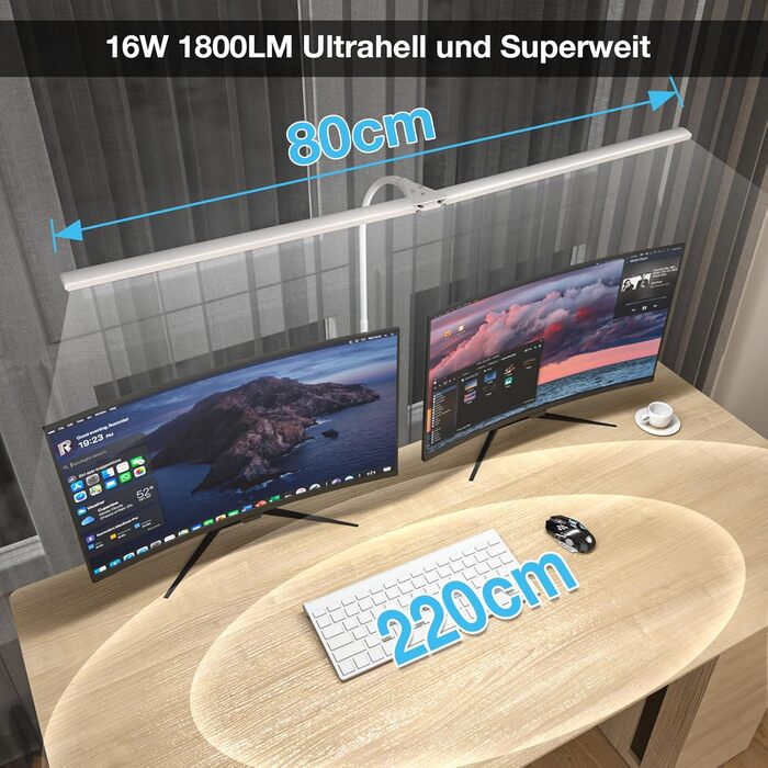 LED лампа настільна для офісу та дому, світло для монітора, 1400 люмен, регульована яскравість, кріплення-прищіпка, світло для робочого столу, гнусий «лебединий шия», подвійний насадка, 5 режимів кольору та рівнів яскравості, білий колір, 80 см