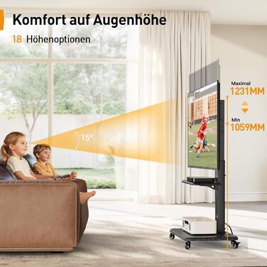 Підставка для телевізора Perlegear на колесах, 32-75 дюймів, до 50 кг, регульована висота, поворотна, нахилена, з підсвічуванням, VESA 600x400mm, PGTVMC27