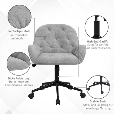 Vinsetto Adjustable Swivel Chair, Ergonomic Office Chair with Velvet-Look Finish in Light Gray for Living Room & Office