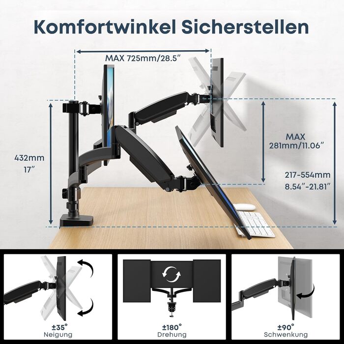 Кронштейн для 3 моніторів WORLDLIFT Premium Aluminium, регульований тримач для LED LCD екранів 17'-27', настільний, навантаження 7 кг на плече, VESA 75/100 мм, чорний