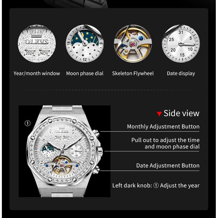 Чоловічий наручний годинник OLEVS G9805 аналоговий, сталевий браслет, білий циферблат, водонепроникний, з календарем та підсвіткою