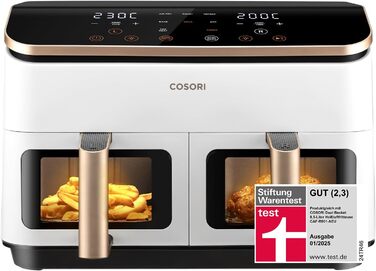 Фритюрниця без олії COSORI з 2 камерами, 8.5 л, 6-в-1, з вікном, чорно-біла