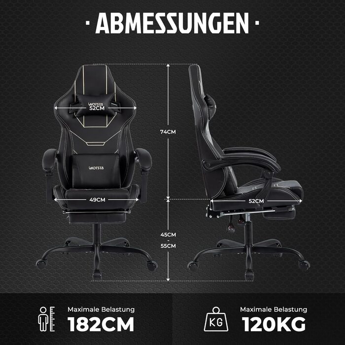Геймерське крісло Ergon Gaming з підставкою для ніг, чорне - Офісне крісло для комп'ютера з регулюванням висоти та підтримкою попереку