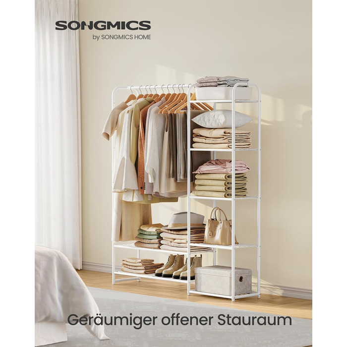 SONGMICS Взуттєва шафа, відкритий гардероб, вішалка для одягу, металева шафа для взуття з полицями, самостійна, 29 x 112 x 158,4 см, матовий білий LGR462W01 112B cm Mattweiß