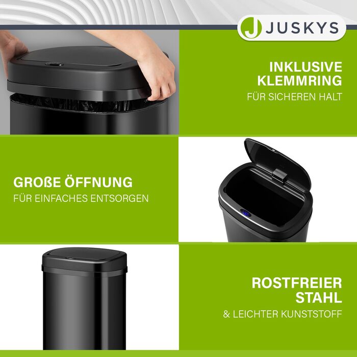 Відро для сміття Juskys з датчиком руху, 70 л, чорне, нержавіюча сталь, кутове, з кришкою-затискачем для пакетів