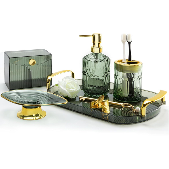 Набір аксесуарів для ванної кімнати FEXIA (5 шт.) - зелений декор у стилі бохо, органайзер для зубних щіток, дозатор мила, лосьйону