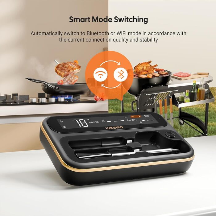 Інструмент Inkbird INT-12-BW: Бездротовий термометр для м'яса з Bluetooth 5.4 та Wi-Fi, водонепроникний (IP67), для приготування на грилі, в духовці, коптильні, ротатерії та аерофритюрниці
