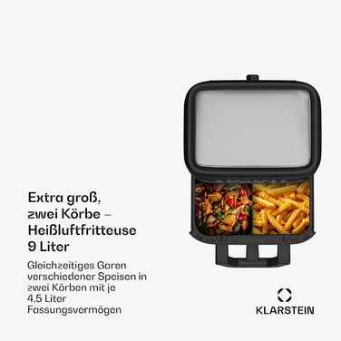 Klarstein Hot Air Fryer, Air Fryer with 2 Chambers, 2850W Compact Hot Air Fryer, 9L Air Fryer with Touch Control Panel, Timer, Preheating, 6 Modes, Large Hot Air Fryer, Air Fryer XL Black Duo Elegance