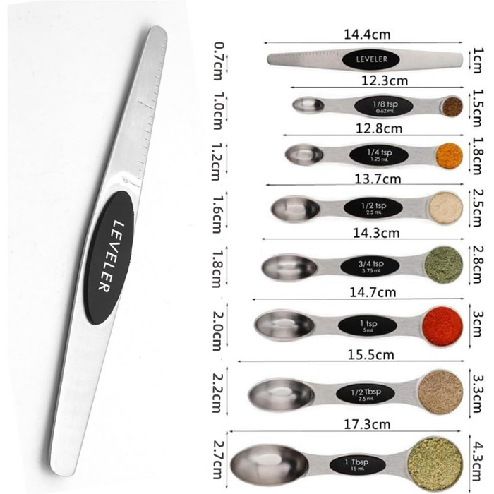 Набір мірних ложок Meiyijia з нержавіючої сталі (8 шт.) - для сухих та рідких інгредієнтів, з магнітною основою