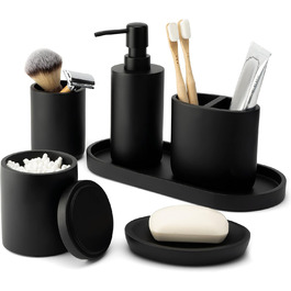 DELUXXOO® Набір аксесуарів для ванної кімнати 6 шт. чорний матовий: органайзер, диспенсер для мила, мильниця, стакан для зубної щітки, піднос, ящик для зберігання