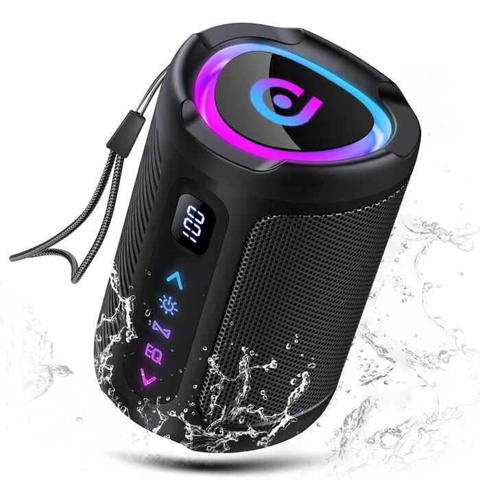 Bluetooth колонка з підсвіткою 2026 Musikbox: Портативна колонка Bluetooth 5.4, 15 Вт, Покращений бас, IPX7 водонепроникна, для подорожей, спорту, вечірок, велосипедів, Чорний