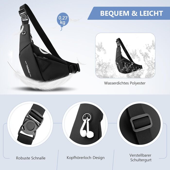 Чоловіча нагрудна сумка VARLIVOO Brusttasche - чорний рюкзак-слінг для спорту, подорожей та активного відпочинку