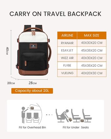 LOVEVOOK Рюкзак ручної поклажі для жінок, великий дорожній рюкзак для літака, 45L, рюкзак-валіза, рюкзак для подорожей, для ноутбука 17,3 дюйма, на вихідні, діловий, рюкзак для кабіни (1-бежевий, чорний, коричневий, 40x30x20 см)