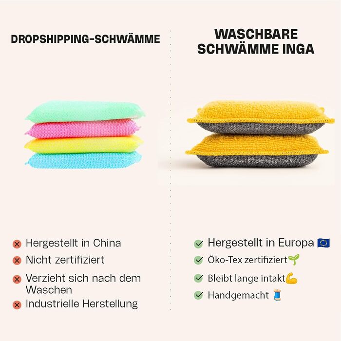 INGA - 4 x Reusable, Washable Sponges - Highly Effective, Scratch-Free - Double-Sided - Switches to a washable sponge that lasts ONE YEAR