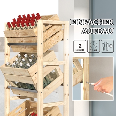 Outsunny Beverage Crate Shelf for 3 Beverage Crates, Wooden Crate Shelf with 3 Tiers, Freestanding Beverage Crate Holder, Holds 150kg, Crate Stand for Beer, Water, 56 x 32 x 112 cm Natural Wood | Aosom