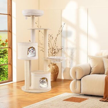 Дерев'яний кігтеточка для котів Costway 151 см з будиночком, гамаком та сизалевими стовпчиками