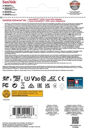 Карта пам'яті SanDisk 128GB Extreme microSDXC з адаптером, швидкість читання до 190МБ/с, клас U3, V30