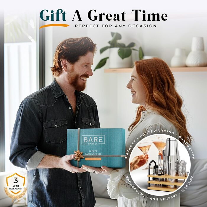Bare Barrel® Cocktail Shaker Set - 14 Piece Mixology Bar Set with Boston Shaker, Martini Accessories, & Recipe Cards - Perfect Home Bar Gift Set