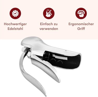 Kitchtic Wine Opener - Wine Bottle Opener - Stainless Steel - Opens in just 3 seconds with a quick up and down motion - Waiter's Knife - includes foil cutter - Silver