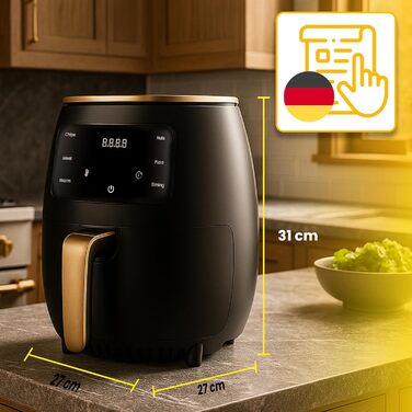 Аерофритюрниця Retoo 6.5л 1800Вт, 10 програм, до 200°C, сенсорне управління, не потребує олії, чорний/золотий