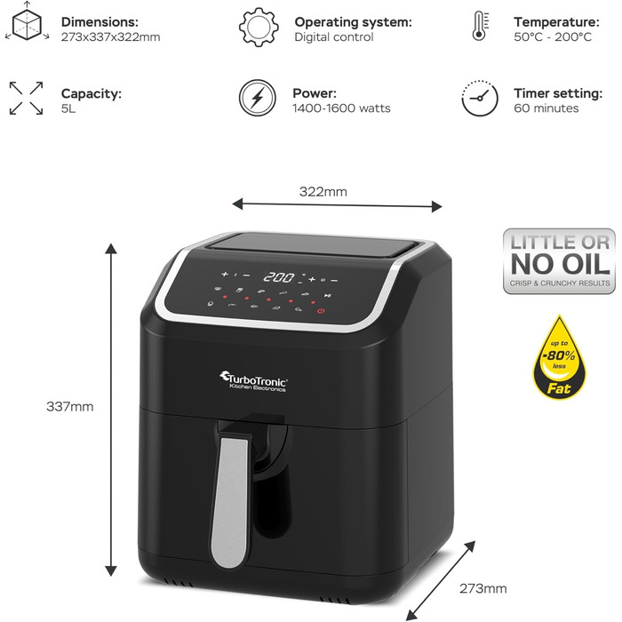 Цифрова аерофритюрниця XL 5 л, 10 програм, без олії, 100–200°C