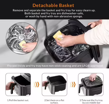 Lehmann Hot Air Fryer XXL with 8L Basket and Viewing Window, Oil-Free Fryer with Lighting, 1800W, Temperature Control up to 200° C, Airfryer with up to 10 Programs, Timer and Touch Display