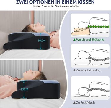 Подушка для шиї DONAMA, подушка для сну з піною з пам'яті, для тих, хто спить на боці, спині та животі, блакитний+чорний, 66×37×13 см