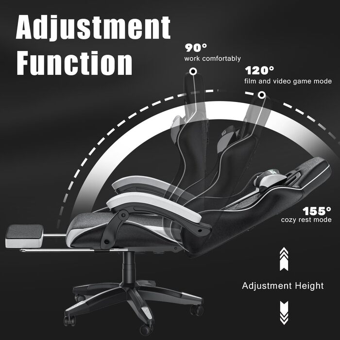 Геймерське крісло Bigzzia Ergonomic з підлокітниками, подушкою для попереку та голови, регульованою висотою, з підставкою для ніг - Білий