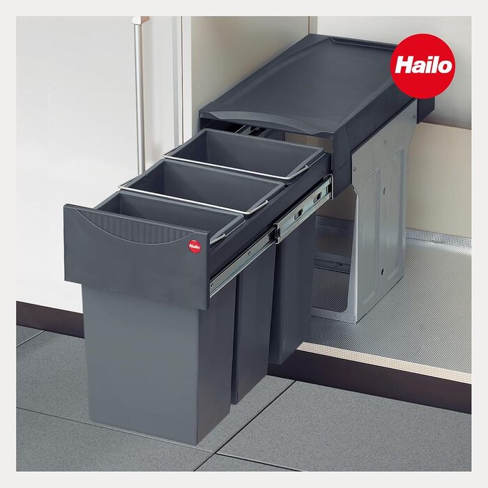 Вбудований сортер для сміття Hailo Terzett 3666131 - 3 секції, 10 л, повний висув, для шафок з дверцятами, сірий