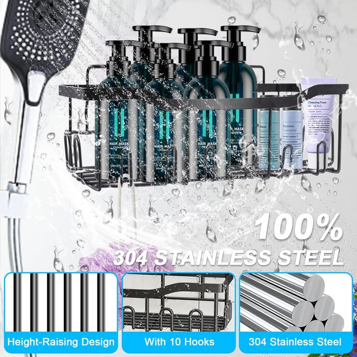 Дзеркальна поличка для душу WAOAW без свердління, 2 шт. Чорний, нержавіюча сталь, для шампуню, гелю для душу, мила, косметики