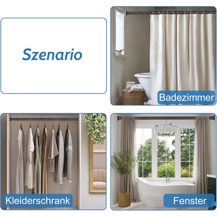 Штанга для душу без свердління, штанга для ванни, нержавіюча сталь, телескопічна, 70-195 см, чорна