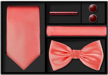 Набір краваток Tie G U Style (5 шт.) у подарунковій коробці: однотонні краватки, сатинова метелик, кишеньковий хустинка, реверс, краваткові застібки (Coral Black Box)