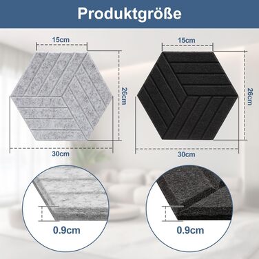 Акустичні гексагональні панелі Fiqops самоклеючі, звукопоглинаючі шестикутні плити для стін (чорні, 30x26x0.9 см), 18 шт — для студії та дому