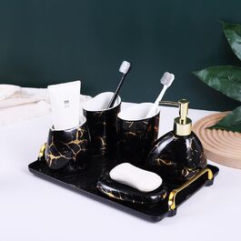 Black bathroom accessory set, gold marble look, modern 6-piece bathroom accessory set, complete with soap dispenser, toothbrush holder, cup, tray, countertop.