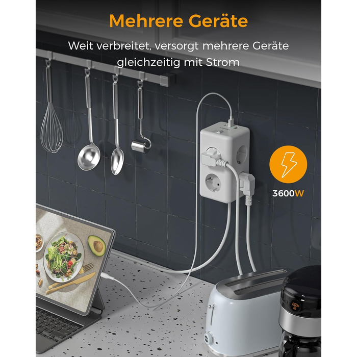 Мережевий фільтр TESSAN 6-fach з USB-C, 9 в 1 з вимикачем, 2 метри кабелю для дому та офісу