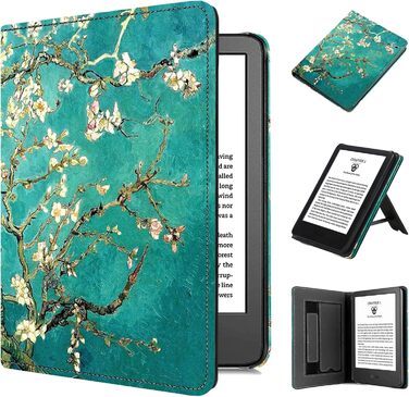 Чохол TOKILO для Kindle 6' eReader (11-те покоління 2024/2022), преміум шкіряний чохол з авто-ввімкненням/вимиканням, підставка, кишеня для карток, чорний (квіт Aprikosenblüte)