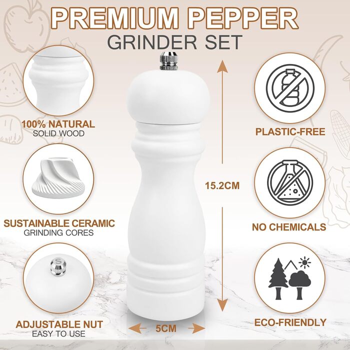 Набір з 2 шт. дерев'яних мельниць для солі, перцю та чилі - ручні, з регулюванням помелу. Ідеально для солі, перцю та чилі.