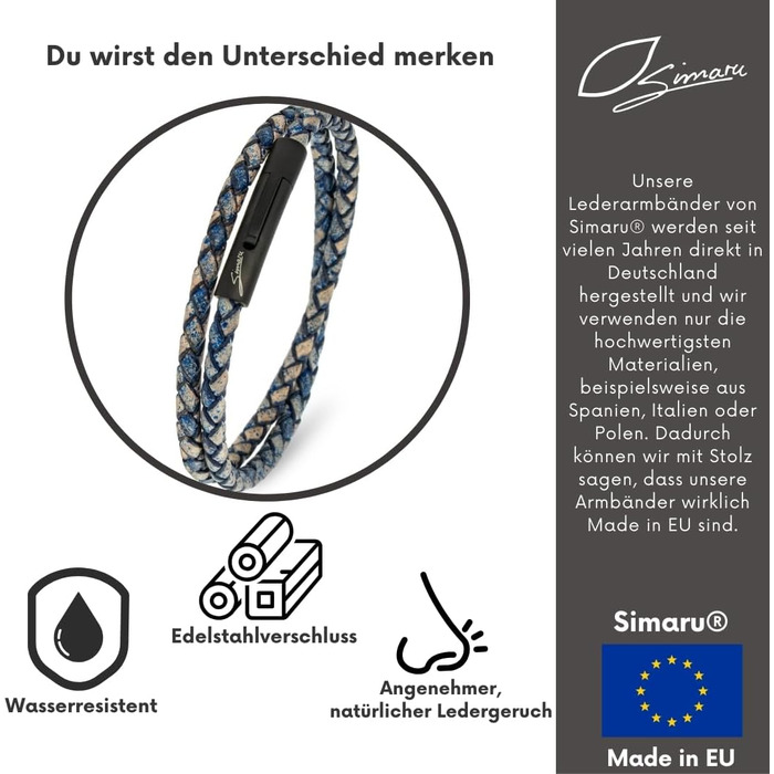 Преміум шкіряний браслет ручної роботи з Німеччини, унісекс (S - до 16 см, блакитний)