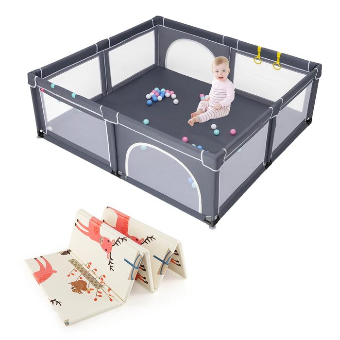 Манеж для дітей DREAMADE 206x185 см з 50 кульками та 4 ручками, захисна огорожа з 2 дверима, матрац з малюнком сіка-оленя, темно-сірий, для дому та вулиці