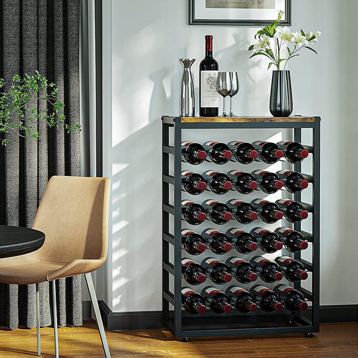 Dripex Wine Rack for 30 Bottles, Bottle Shelf with 6 Tiers, Vintage Metal Wine Stand for Cellar, Bar, and Storage Room, Bottle Holder with Tabletop 59 x 30 x 88 cm, Vintage Brown-Black